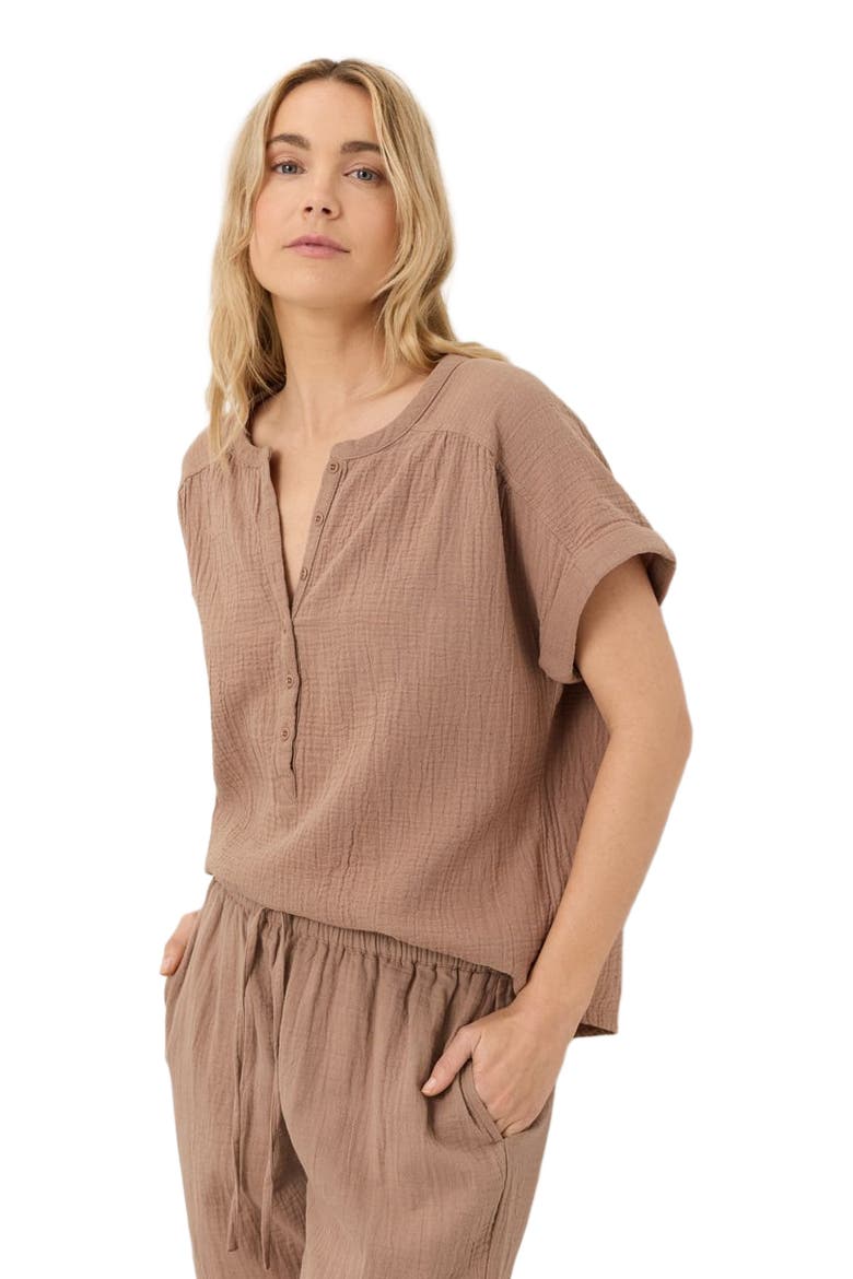 Organic Cotton Coastal Double Gauze Short Sleeve Popover, Alternate, color, Driftwood Brown