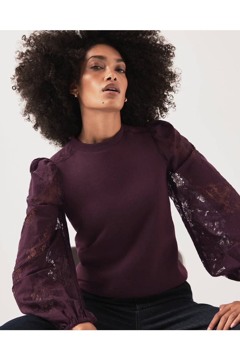 Cotton Blend Lace Sleeve Sweatshirt, Alternate, color, Burgundy