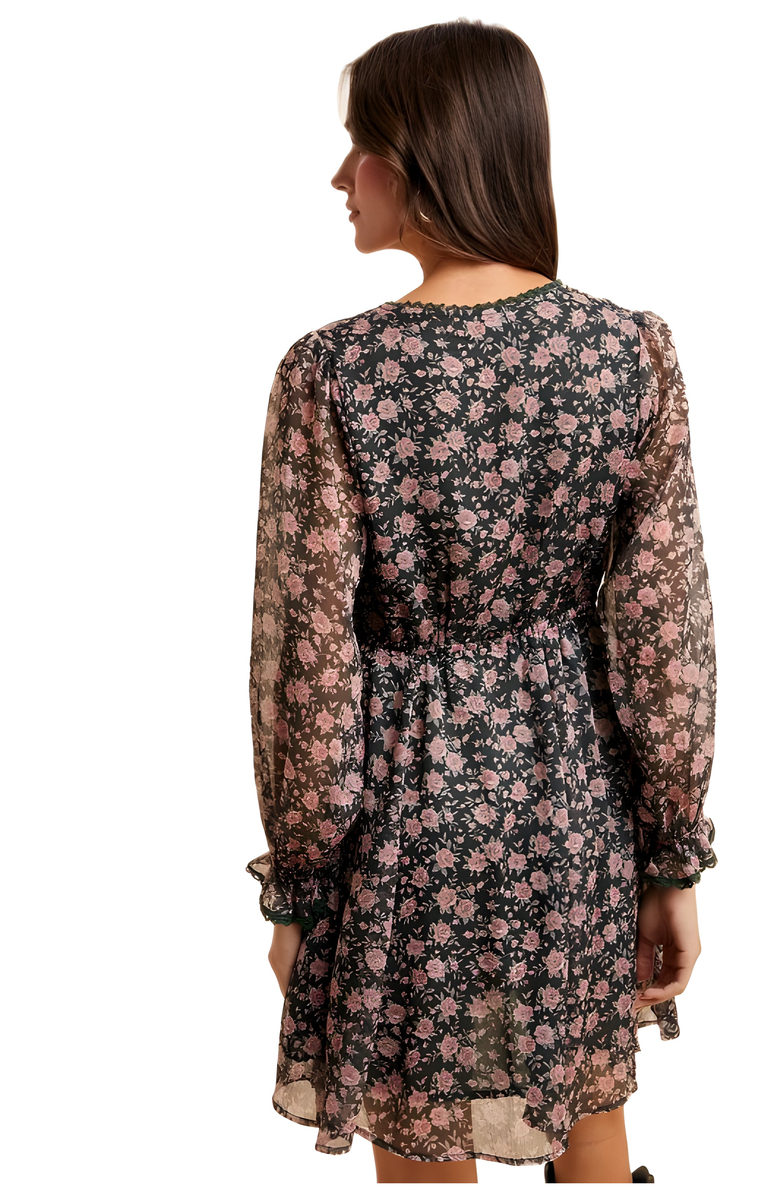 Knit and Lounge Floral Chiffon Sheer Sleeve Lace Trim Mini Dress, Alternate, color, Black Floral