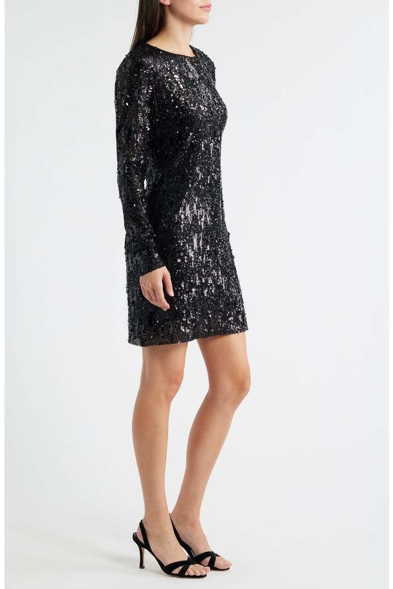 Sequin Long Sleeve Shift Minidress, Alternate, color, BLACK