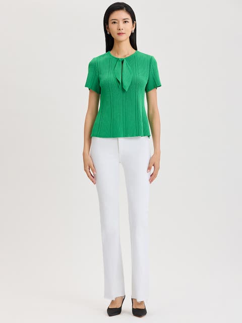 Tonal Faux Tie Neck Soft Ribbed Knit Top