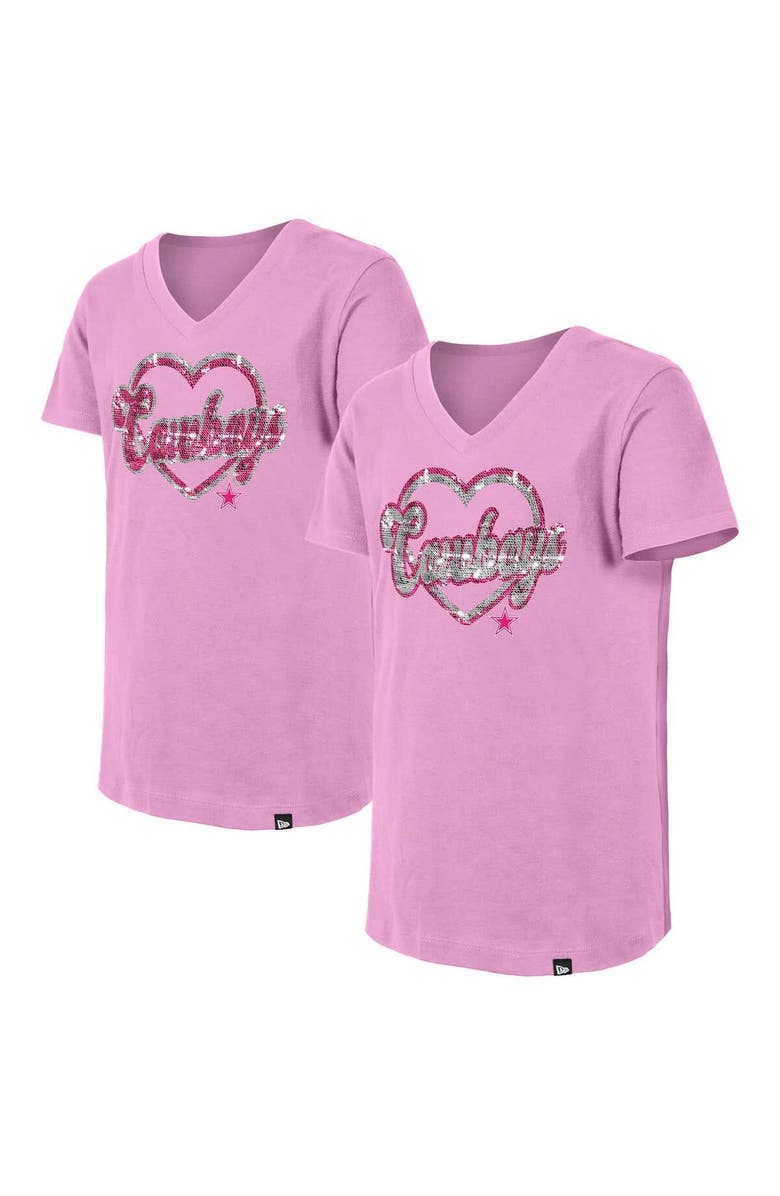 New Era Girls Youth New Era Pink Dallas Cowboys Flip Sequins V-Neck T-Shirt, Main, color, 