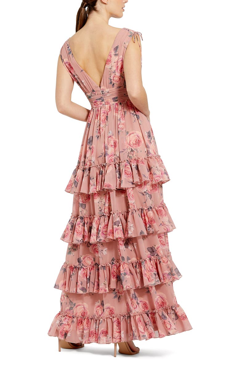 Mac Duggal Drawstring Shoulder Floral Chiffon Tiered Gown, Alternate, color, Pink Multi