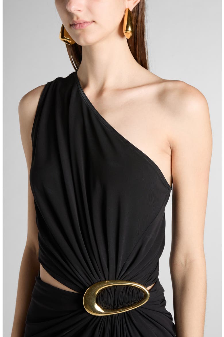 One-Shoulder Cutout Waist Crepe Jersey Midi Dress, Alternate, color, 1000 BLACK