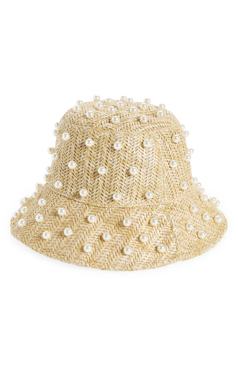Lele Sadoughi Imitation Pearl Raffia Bucket Hat, Main, color,