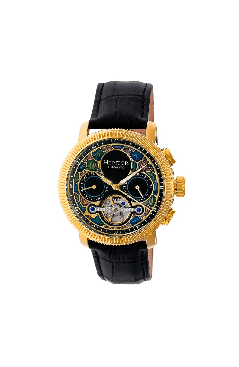 Heritor Automatic Aura Men's Semi-Skeleton Leather-Band Watch, Main, color, Gold /Black