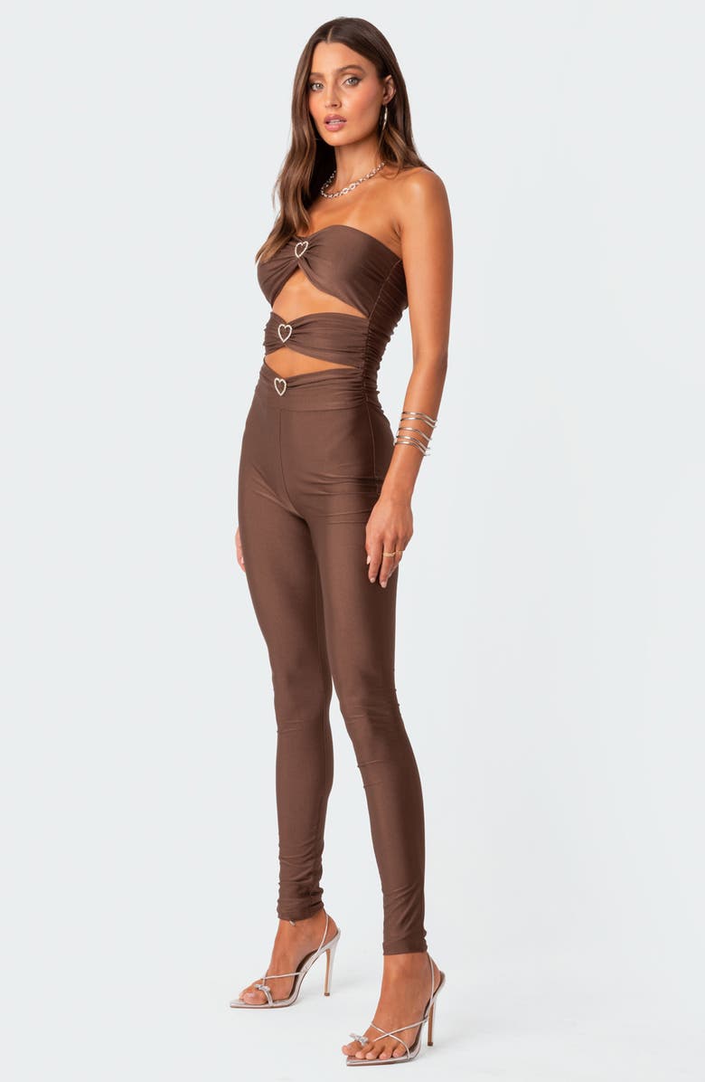 EDIKTED Rhinestone Heart Cutout Strapless Jumpsuit, Alternate, color, Brown