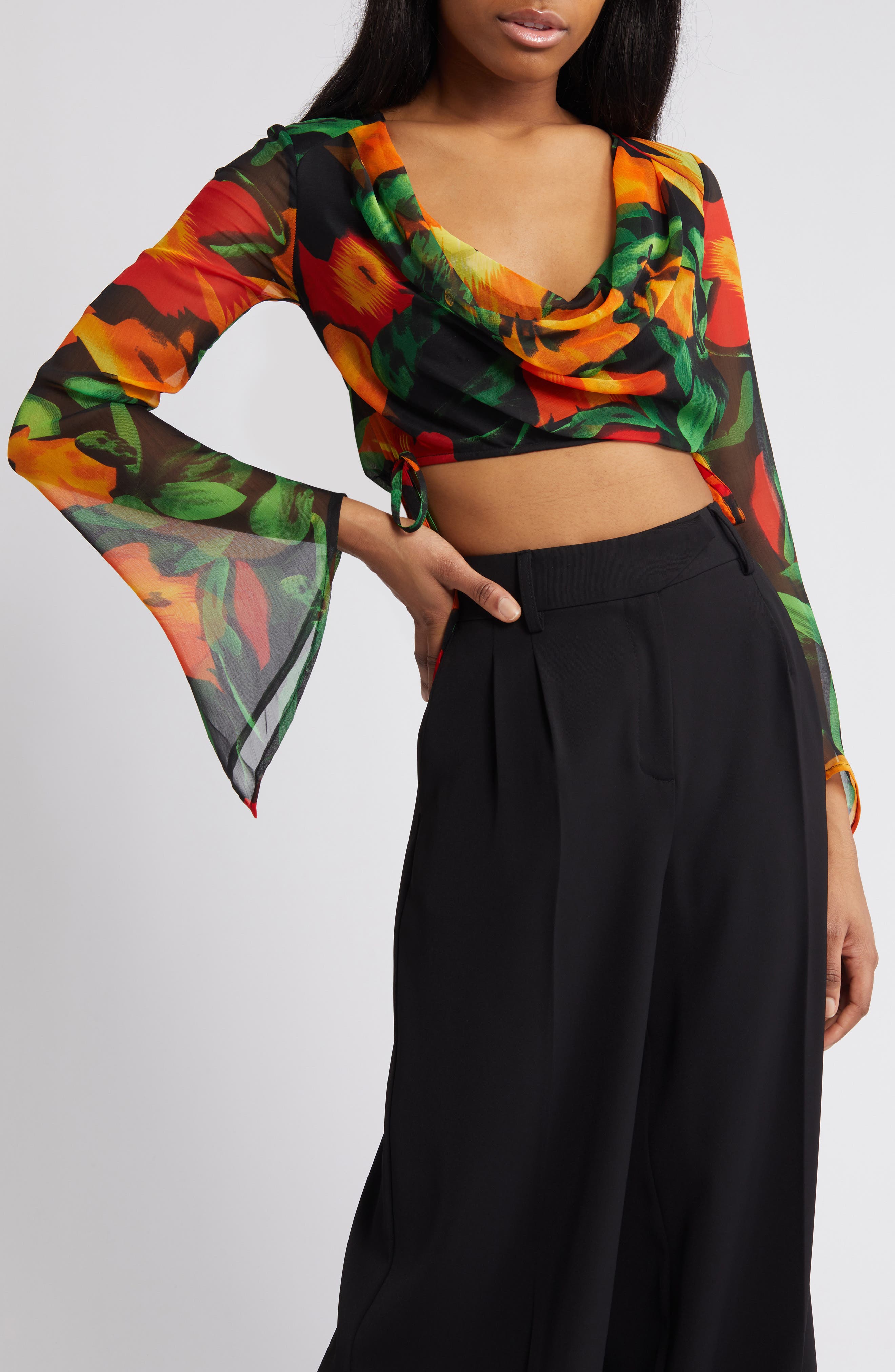 ASOS DESIGN Floral Long Sleeve Chiffon Crop Top (Women) | Nordstromrack