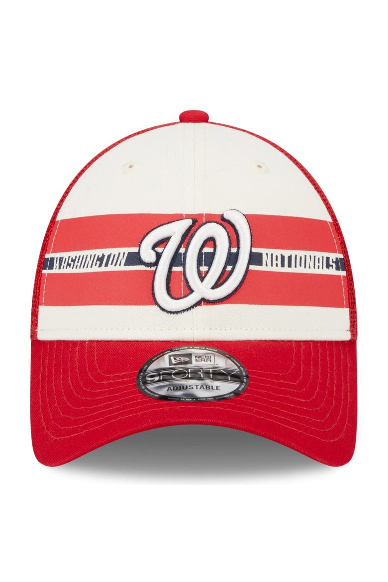 Men's New Era White/Red Washington Nationals Team Stripe Trucker 9FORTY Snapback Hat, Alternate, color, White