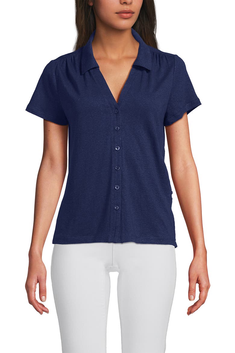 Linen Blend Short Sleeve Button Front Polo Top, Main, color, Deep Sea Navy