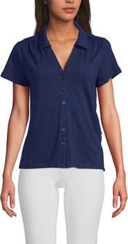 Lands' End Linen Blend Short Sleeve Button Front Polo Top