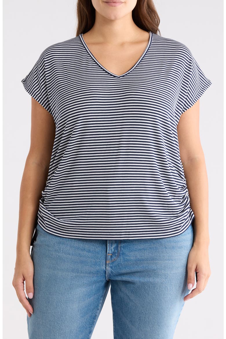Stripe Cap Sleeve Cinch Side T-Shirt, Main, color, NAVY/ ECRU STRIPE