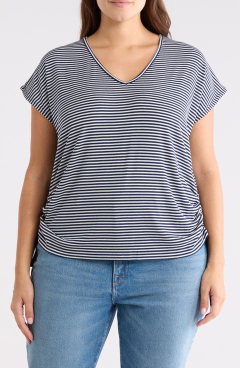 Stripe Cap Sleeve Cinch Side T-Shirt (Plus)