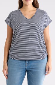 MAX STUDIO Stripe Cap Sleeve Cinch Side T-Shirt