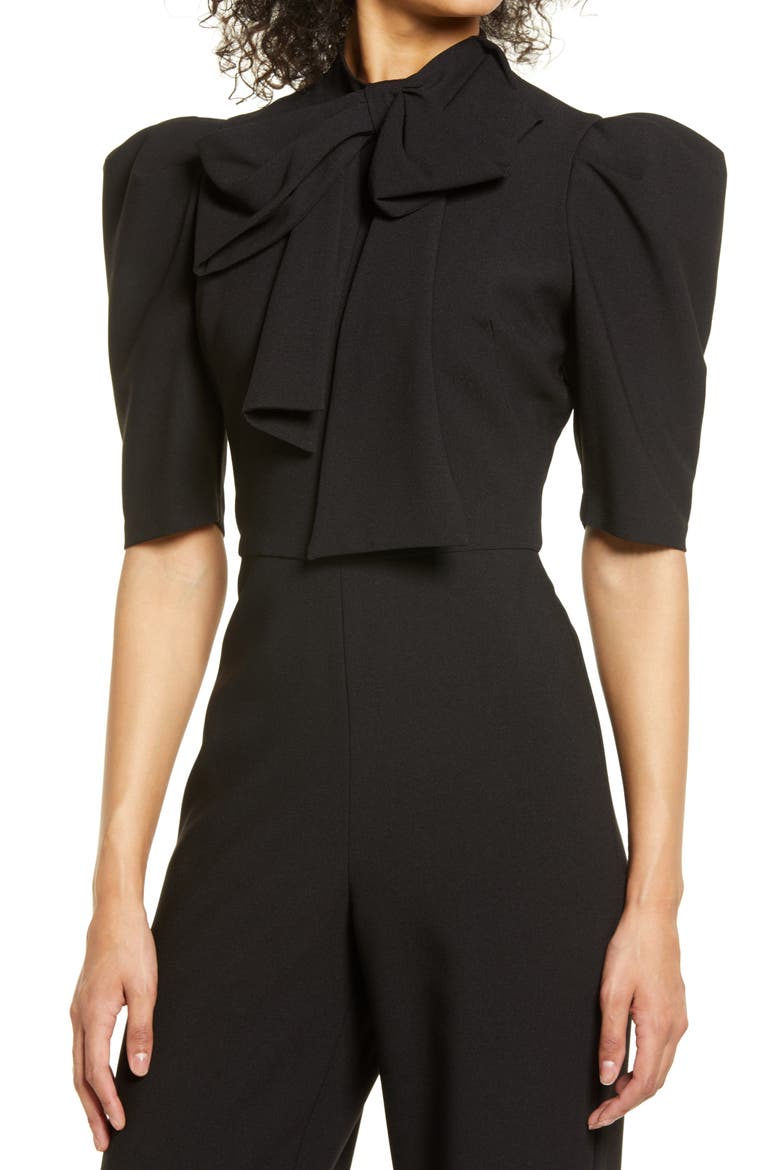 Ara Tie Neck Puff Sleeve Jumpsuit, Alternate, color, BLACK