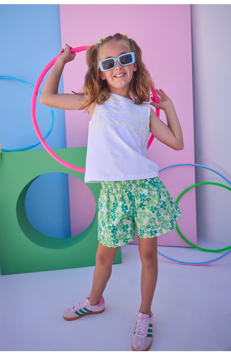 BISBY Kids' Shirred Scallop Shorts, Alternate, color, Greenspring Groovy Floral