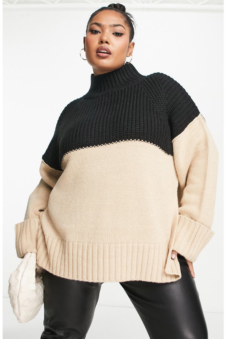 Curve Colorblock Side Slit Turtleneck Sweater, Main, color, BLACK