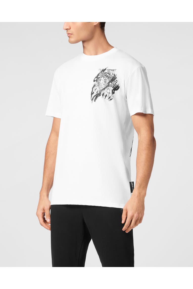 Cotton T-Shirt Round Neck Ss Tiger Men, Main, color, white/black