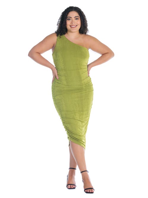 24seven Comfort Apparel One Shoulder Ruched Bodycon Dress In Green