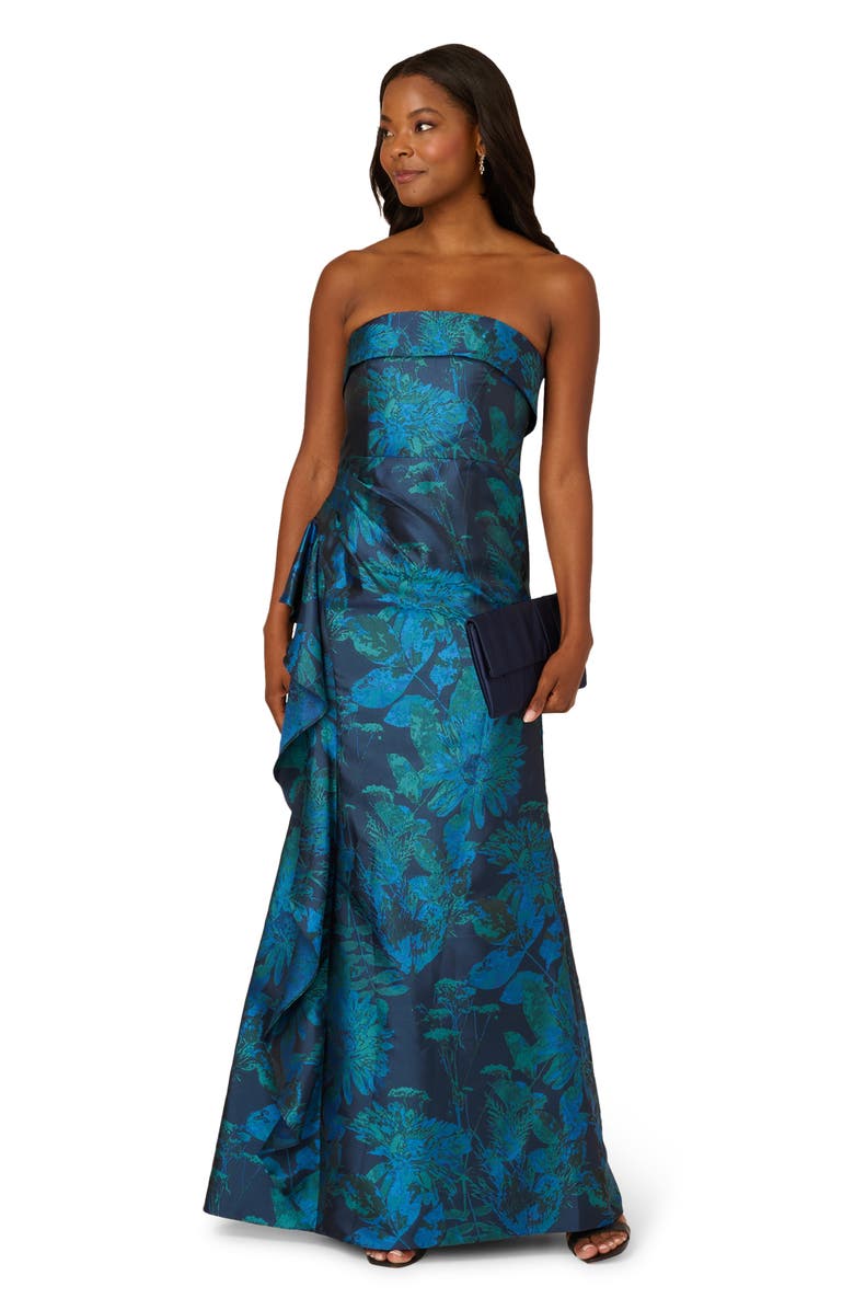 Adrianna Papell Strapless Draped Floral Jacquard Gown, Alternate, color, Cobalt Multi