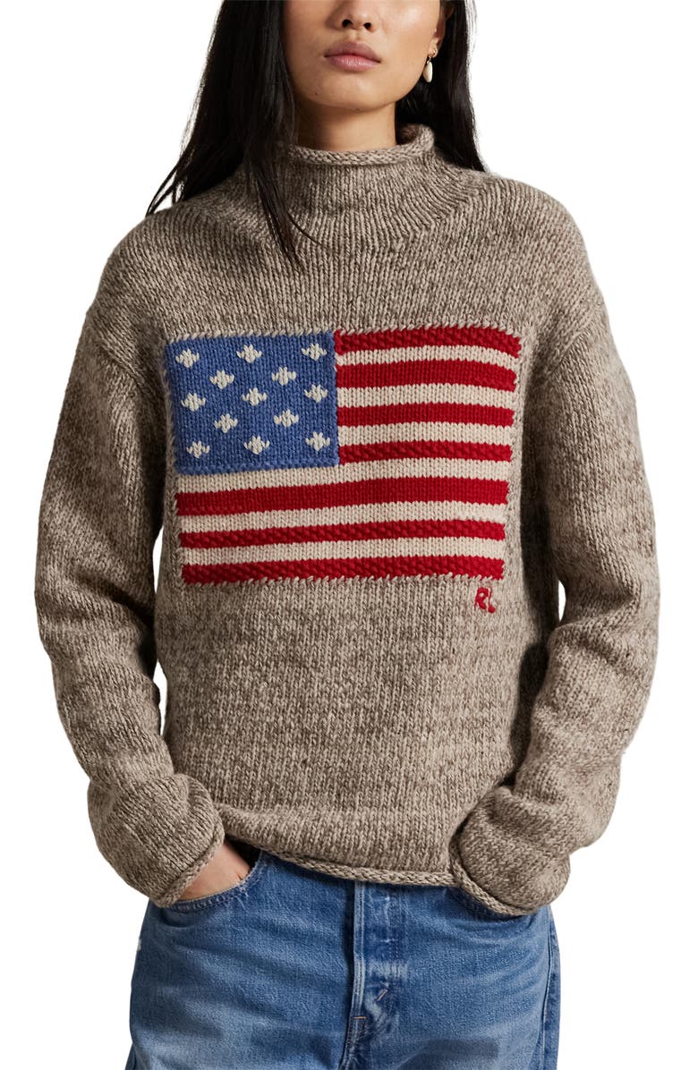 Polo Ralph Lauren Intarsia Flag Mock Neck Wool Blend Sweater, Main, color, Natural Multi