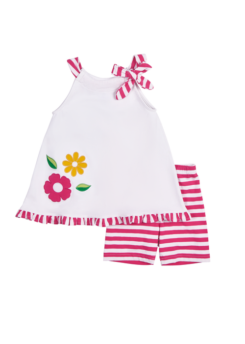 Florence Eiseman Stripe Knit Short Set With Flowers In White