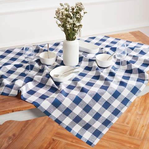 Linen Table Throw 52 x 52 Inch for Dining Table, Holiday and Everyday Table Decor - Buffalo Check