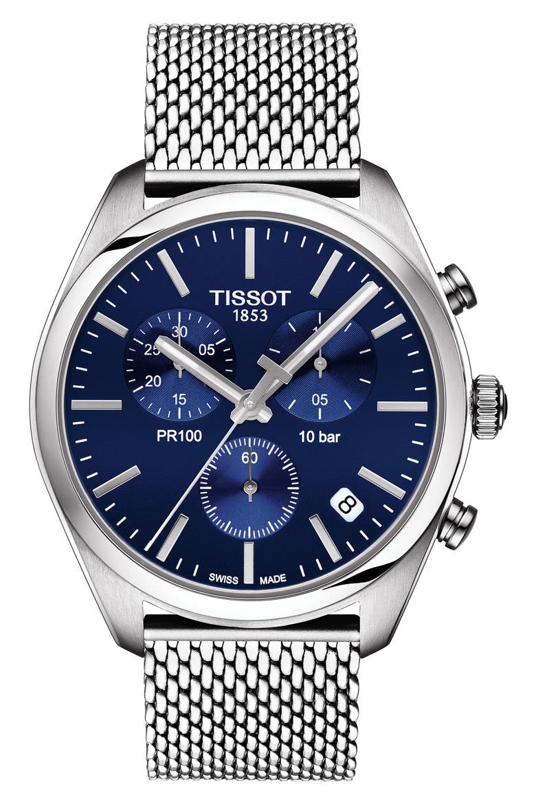 T-Classic PR100 Chronograph Mesh Bracelet Watch, 41mm, Main, color, SILVER/ BLUE/ SILVER