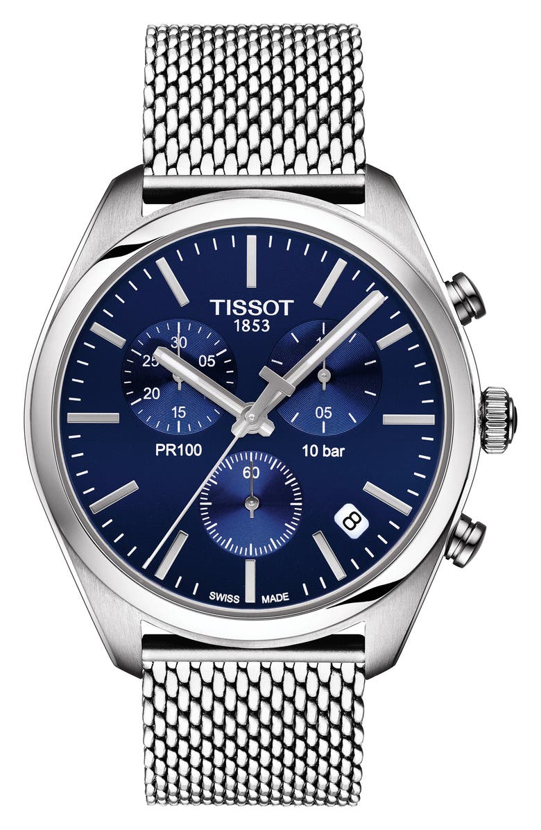 Tissot T-Classic PR100 Chronograph Mesh Bracelet Watch, 41mm, Main, color, 