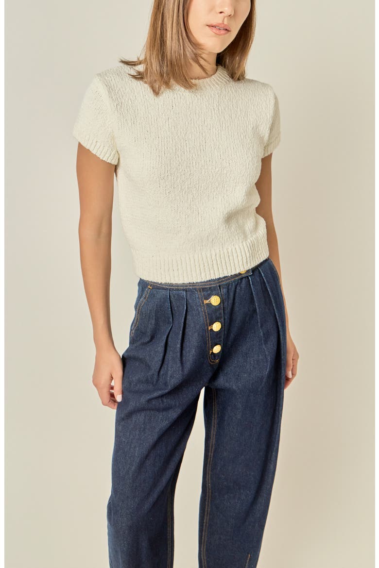 Rib Trim Short Sleeve Knit Top, Alternate, color, WHITE