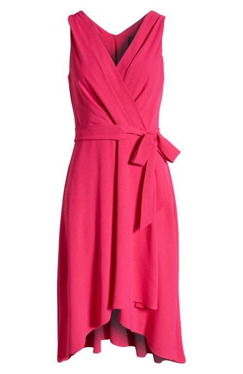 Connected Apparel Tie Belt Faux Wrap High-low Dress In Bright Fuchsia