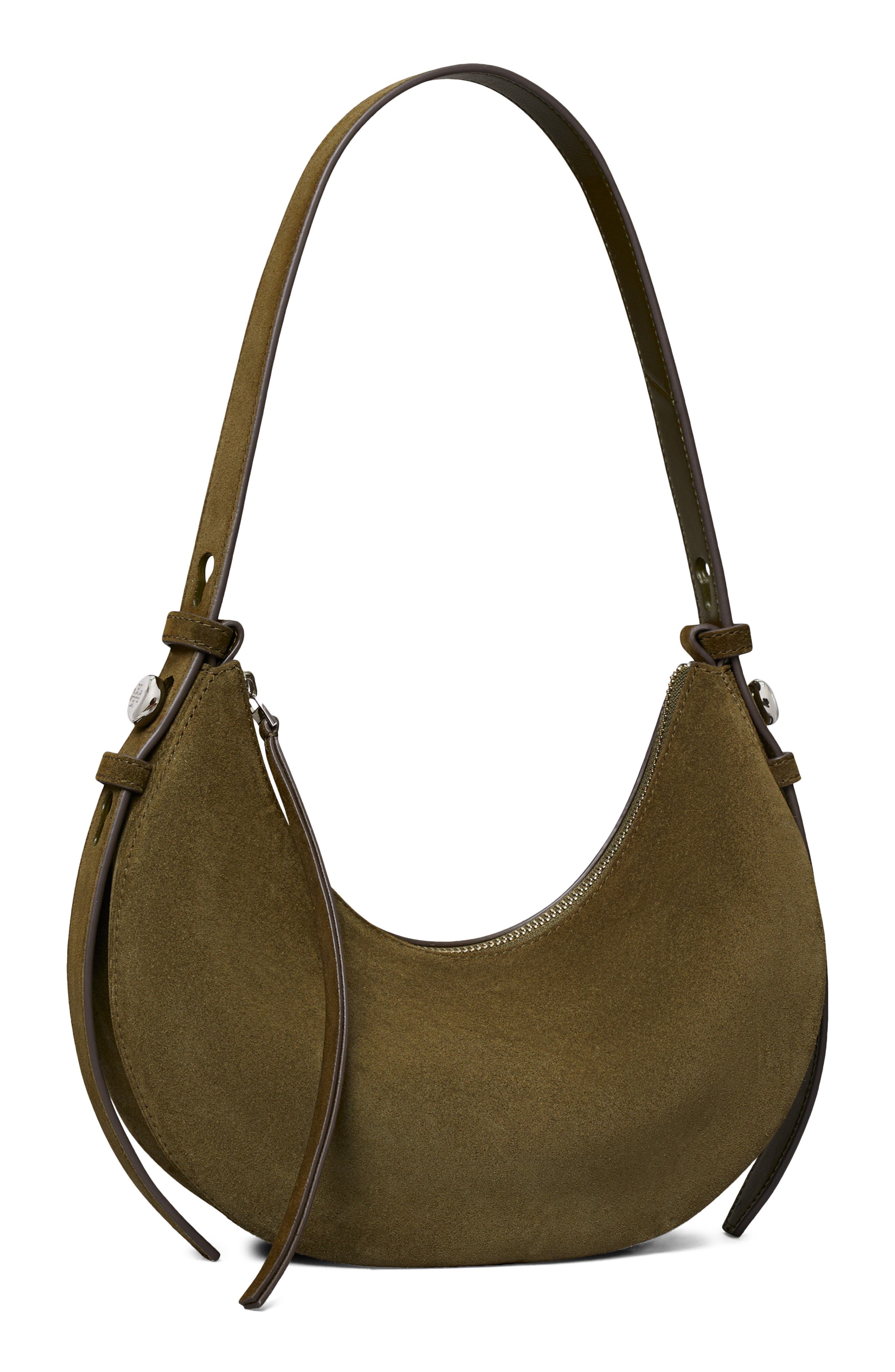Tory Burch Romy Suede Half Moon Shoulder Bag, Alternate, color, Leccio