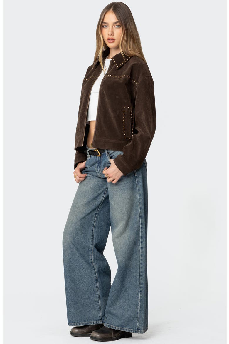 Memphis Studded Faux Suede Jacket, Alternate, color, BROWN