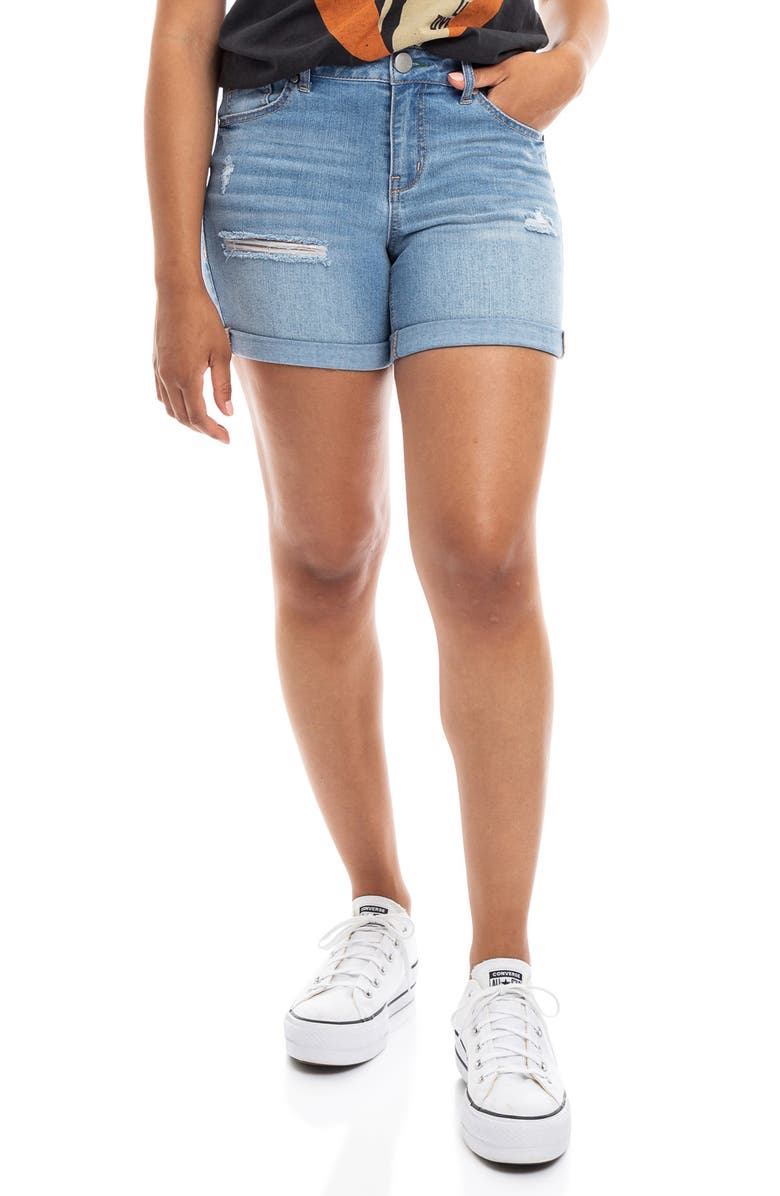 1822 Denim Distressed Roll Hem Denim Shorts, Main, color, 