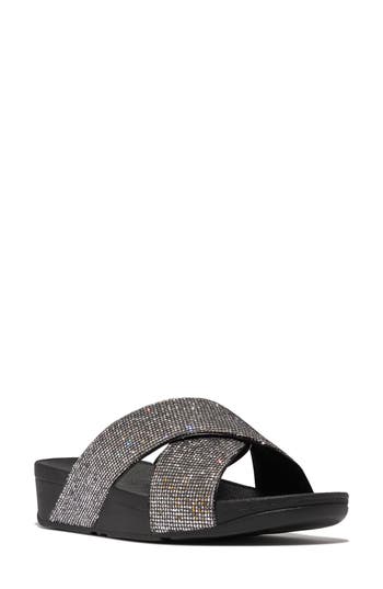 Fitflop Lulu Glitterball Platform Wedge Slide Sandal In Metallic