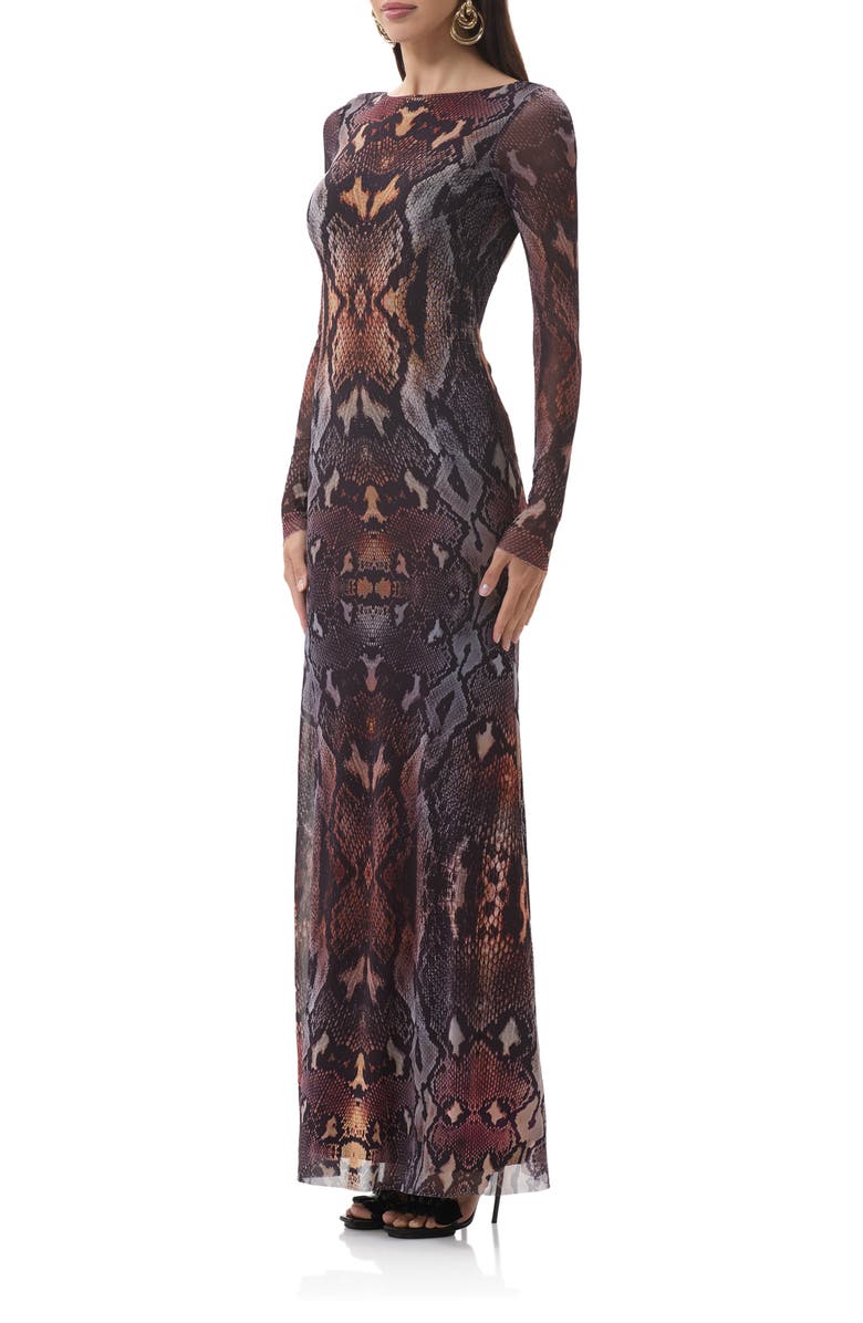 AFRM Talmo Long Sleeve Open Back Mesh Dress, Alternate, color, Placed Umber Snake