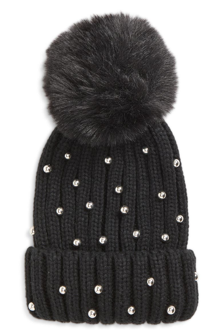 Kids' Faux Fur Pom Beanie, Main, color, BLACK