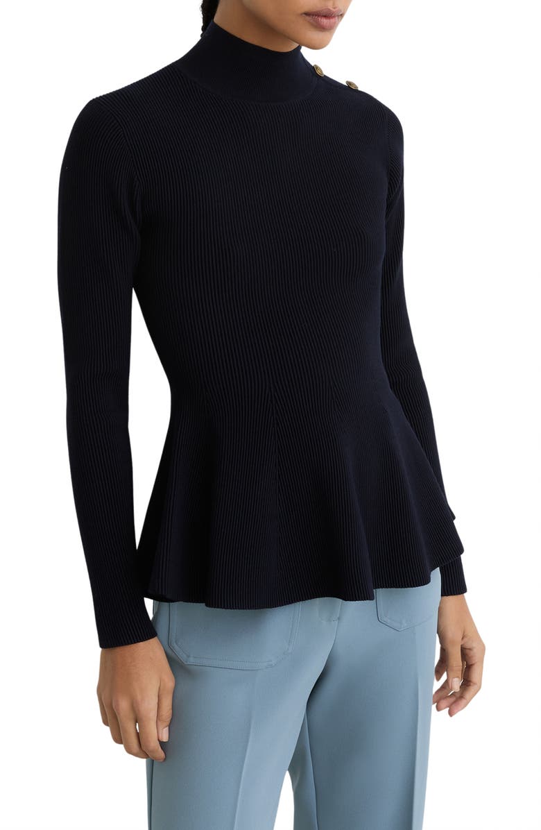 Reiss Isabella Rib Mock Neck Peplum Top, Alternate, color, Navy