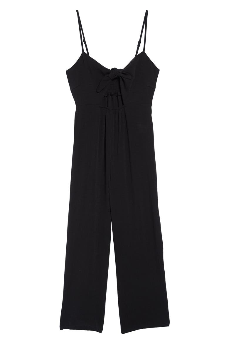 Miken Crepe Tie Front Jumpsuit, Main, color, BLACK