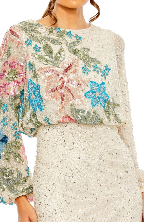 Mac Duggal Embellished Multi Color Floral High Neck Gown In Nude Multi