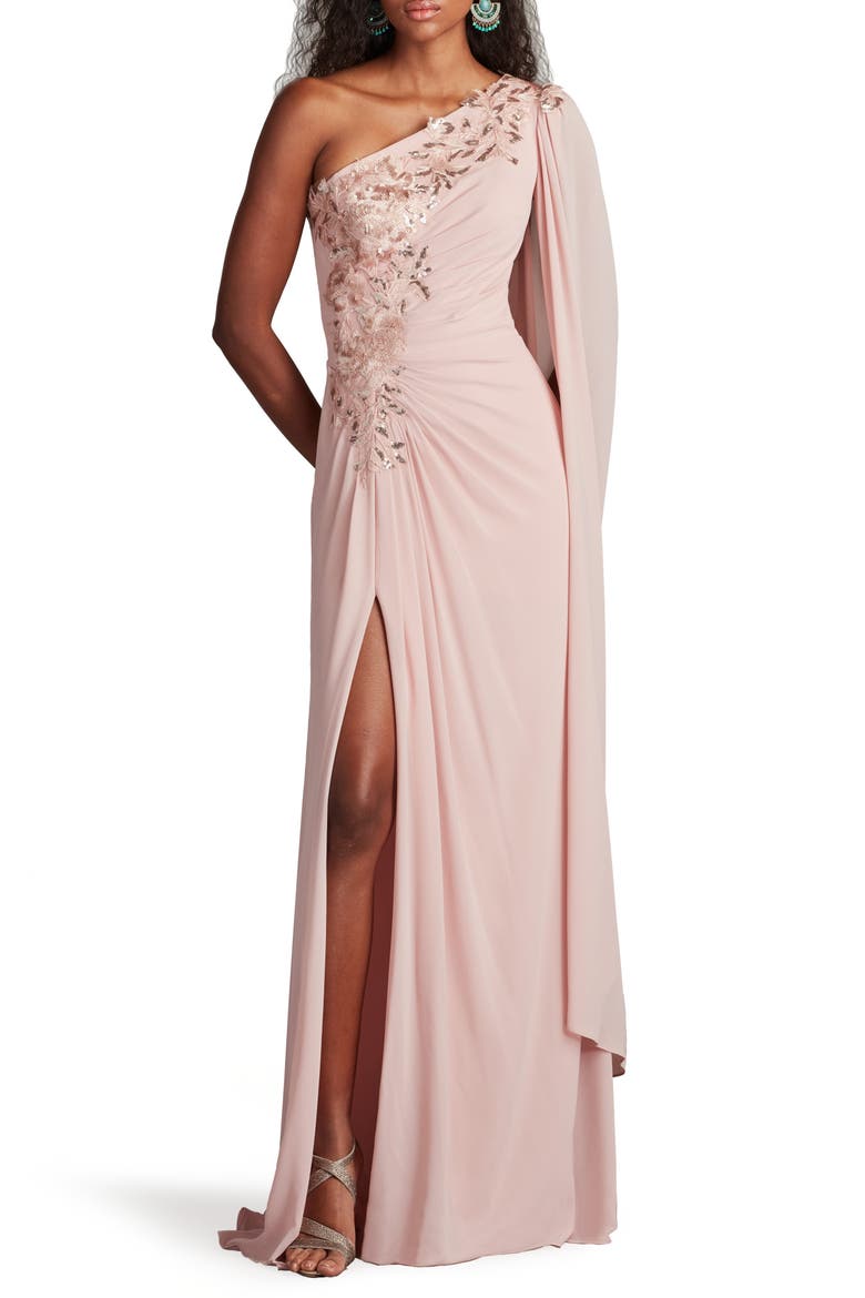 Sequin Leaf Detail One-Shoulder Chiffon Gown, Main, color, ADOBE BLUSH