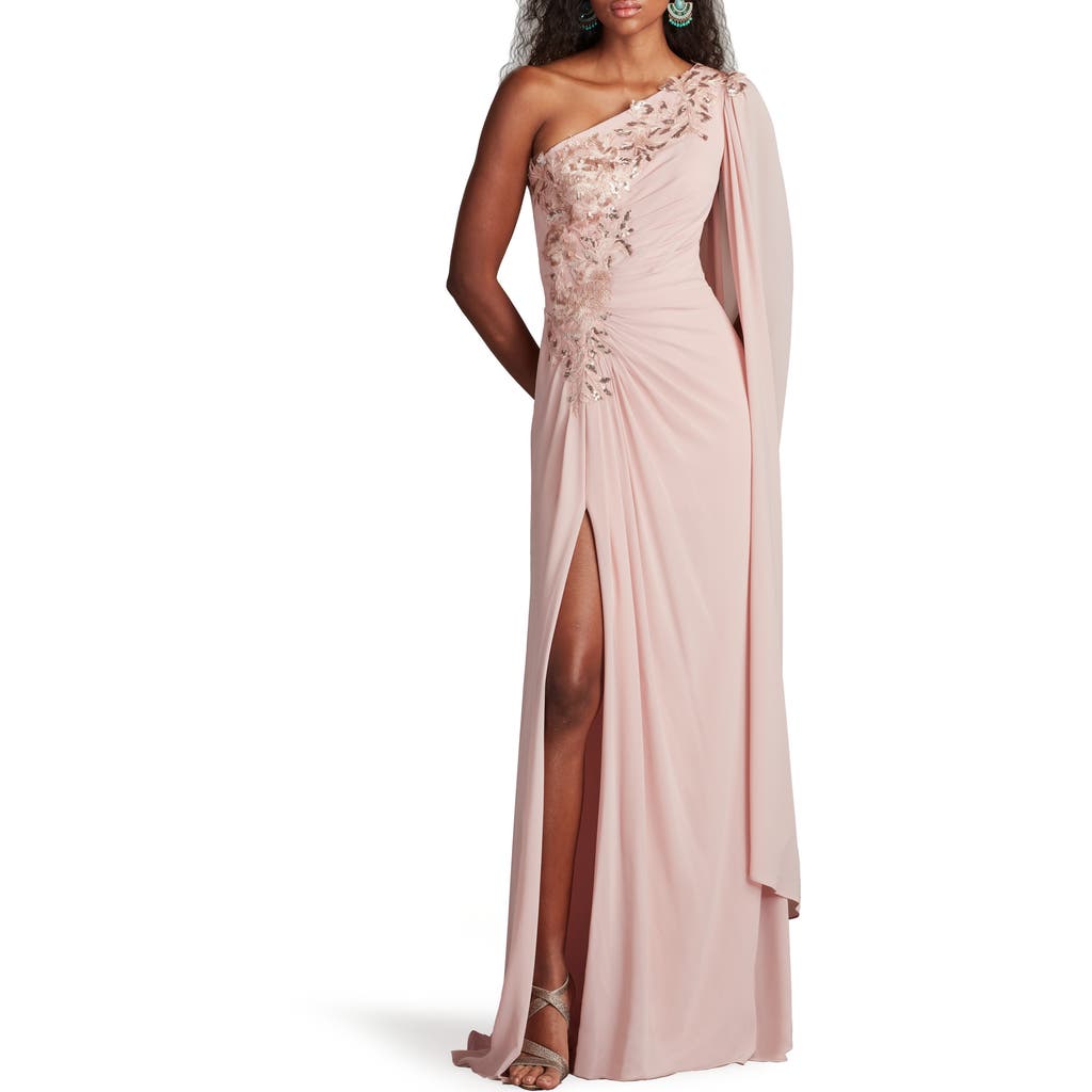 Tadashi Shoji Sequin Leaf Detail One-shoulder Chiffon Gown In Adobe Blush