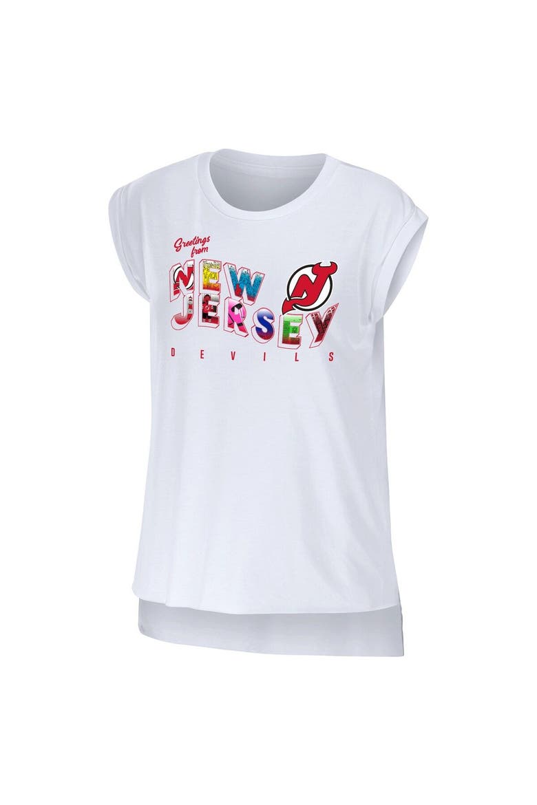 Women's WEAR by Erin Andrews White New Jersey Devils Greetings From Muscle T-Shirt, Alternate, color, White