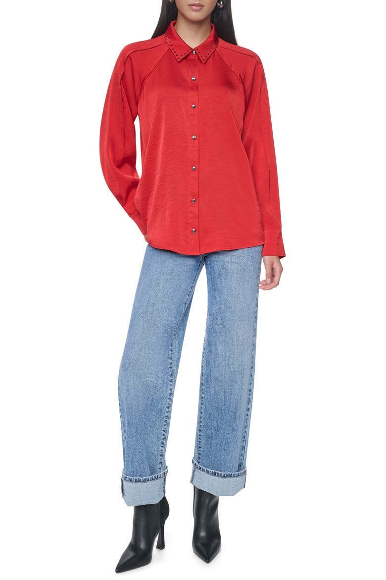 Studded Collar Long Sleeve Button Down Shirt, Alternate, color, VIBRANT RED