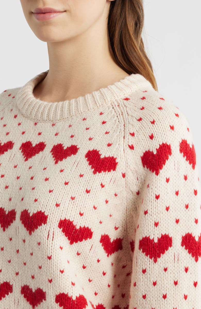 THE GREAT. The Intarsia Heart Wool Blend Sweater, Alternate, color, Pearl W/ Red