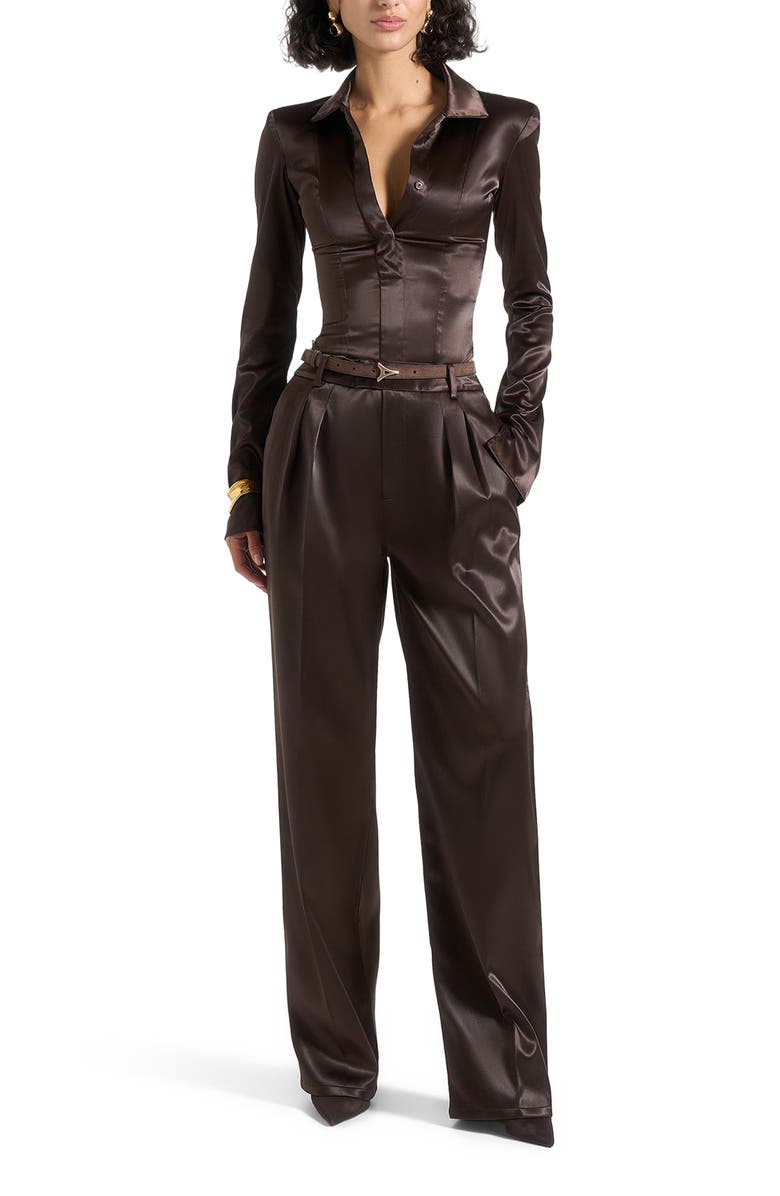 Manière De Voir Julie Satin Tailored Twin Pleat Trousers, Alternate, color, Brown