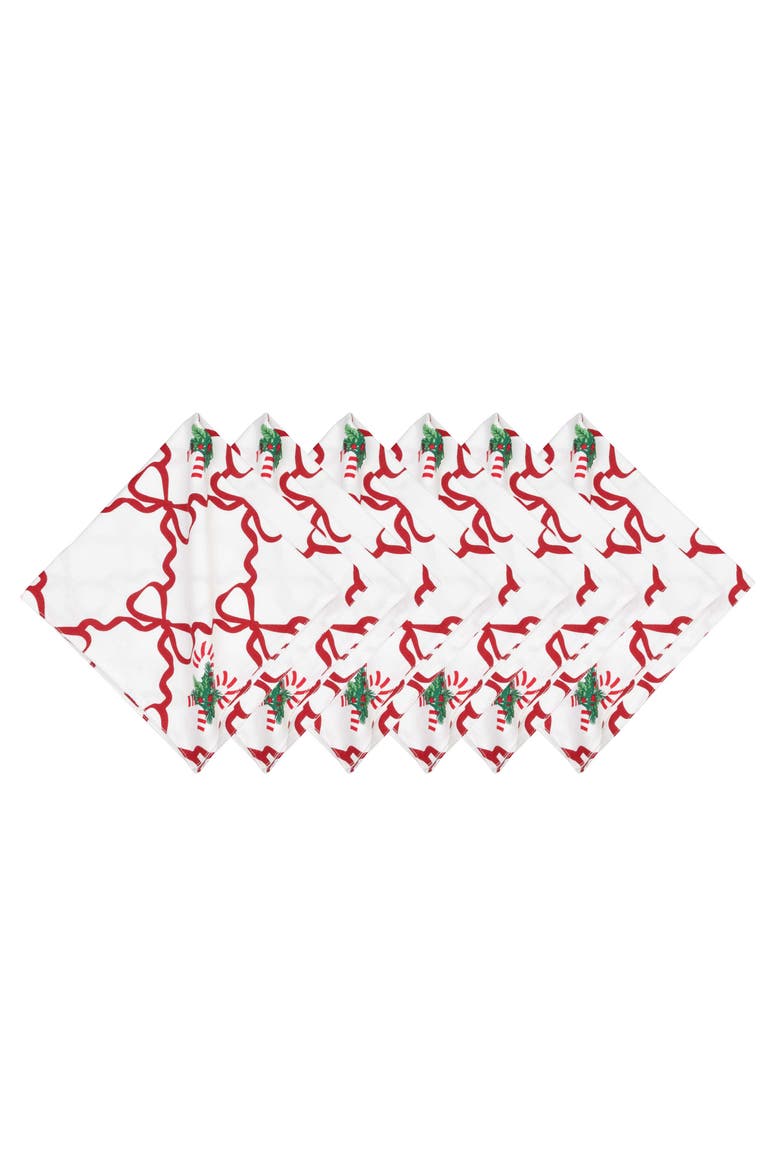 Candy Cane Berry Bows and Ribbons Christmas Set of 6 Cloth Napkins, Main, color, White