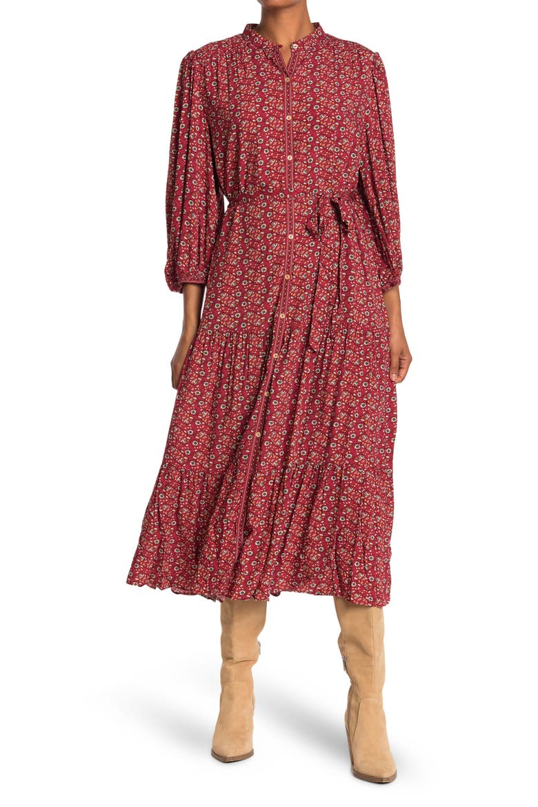 Printed Button Front Tiered Midi Dress, Main, color, RSVVINFL