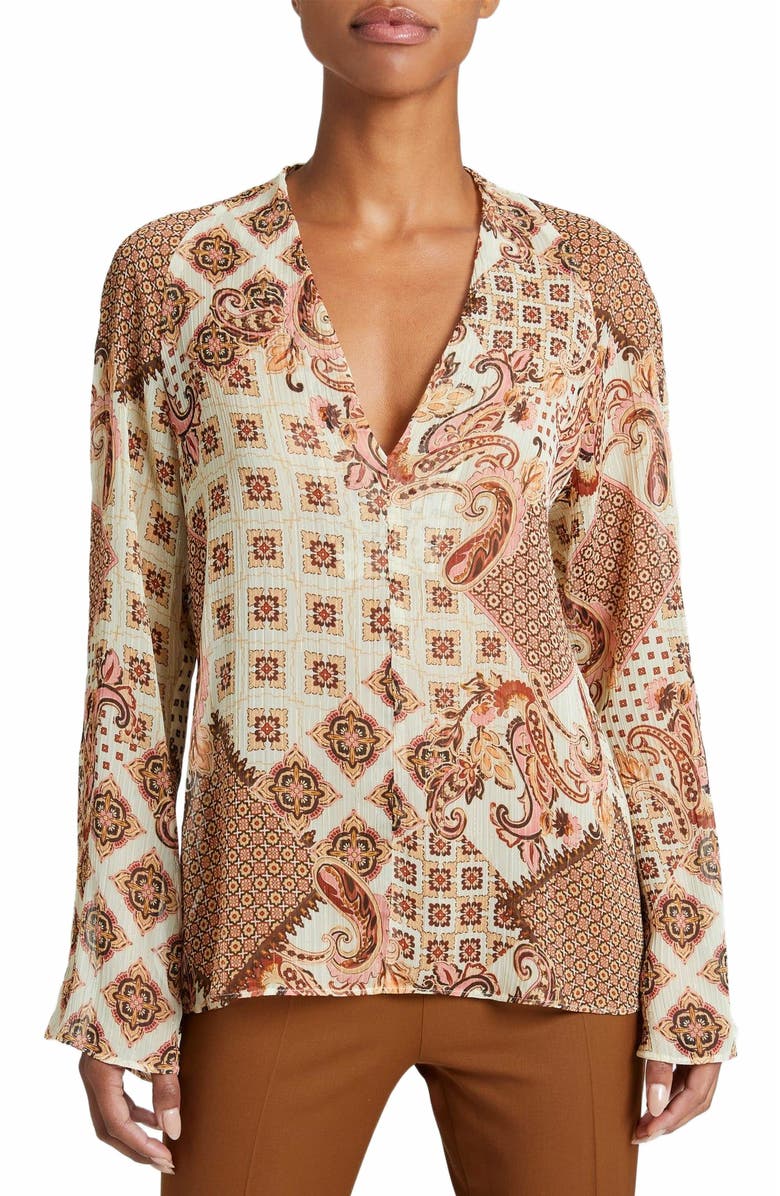 Santorelli ZURI V-Neck Blouse with Flared Long Sleeves in Printed Georgette, Main, color, 