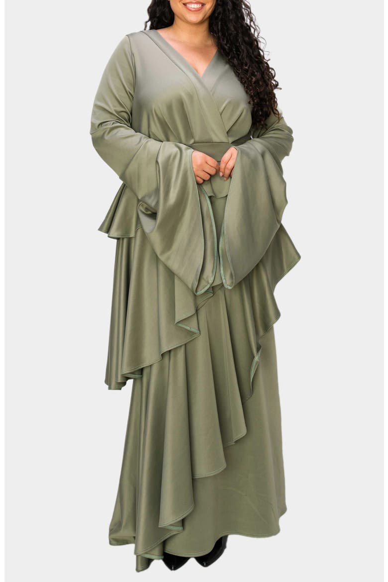 Zeta Ruffled Long Sleeve Drama Dress, Alternate, color, DK SAGE
